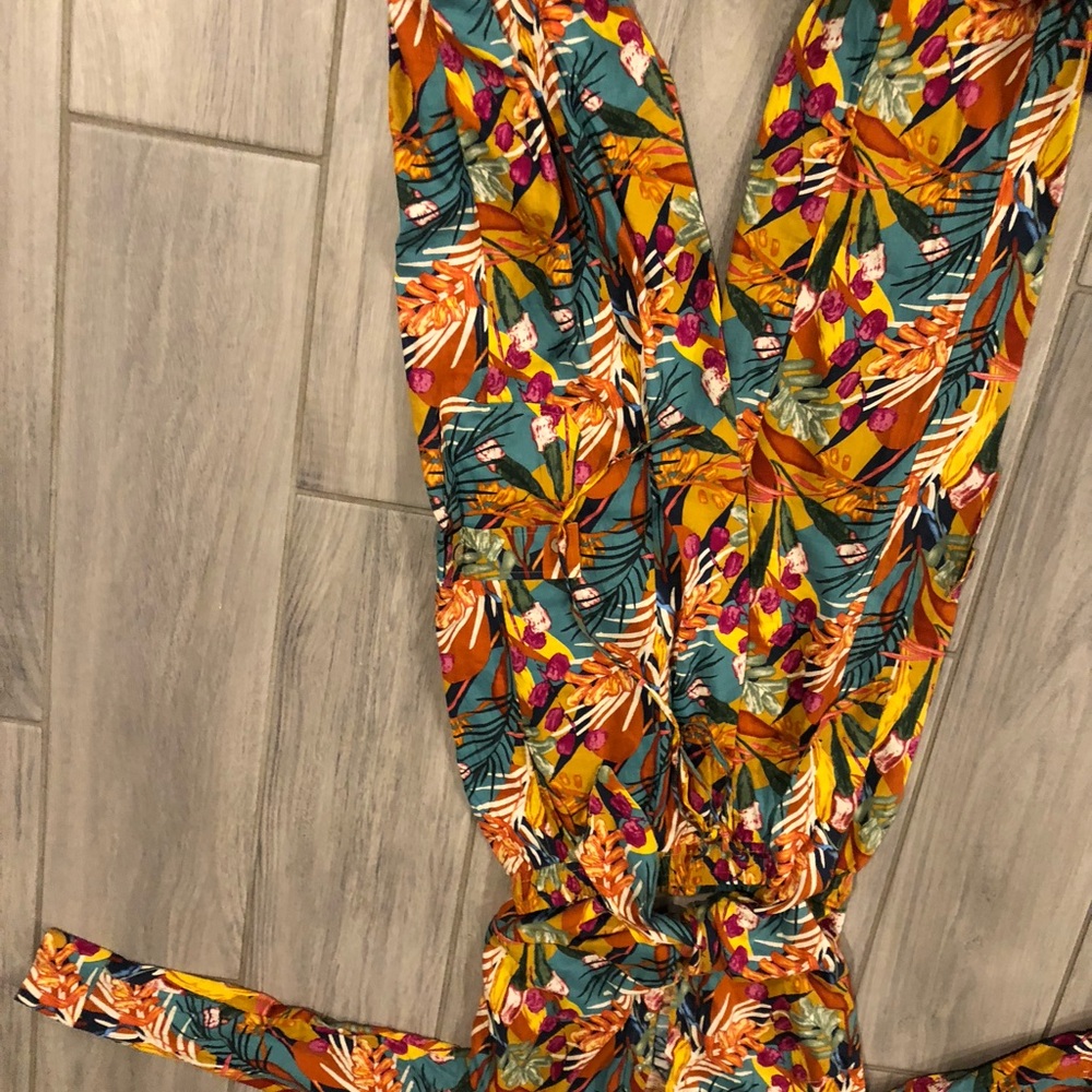 Floral Print V-Neck Jumpsuit in Teal & Mustard